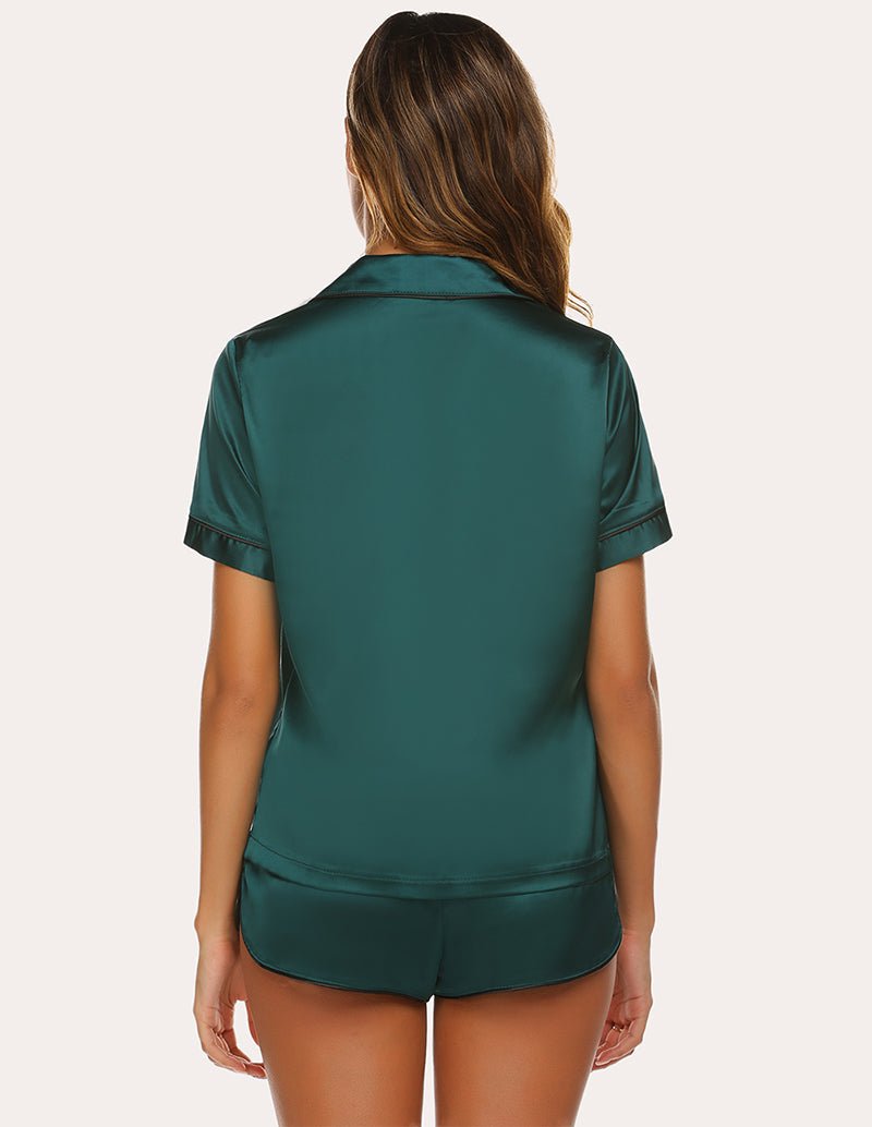 Teal satin pajama set, back view of short-sleeve button top and matching shorts