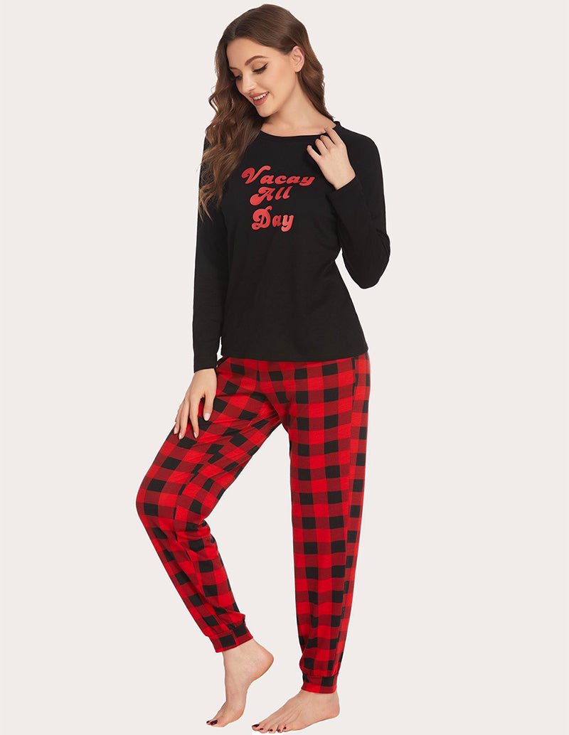 Black lounge top with “Vacay All Day” graphic and red plaid long pants set
