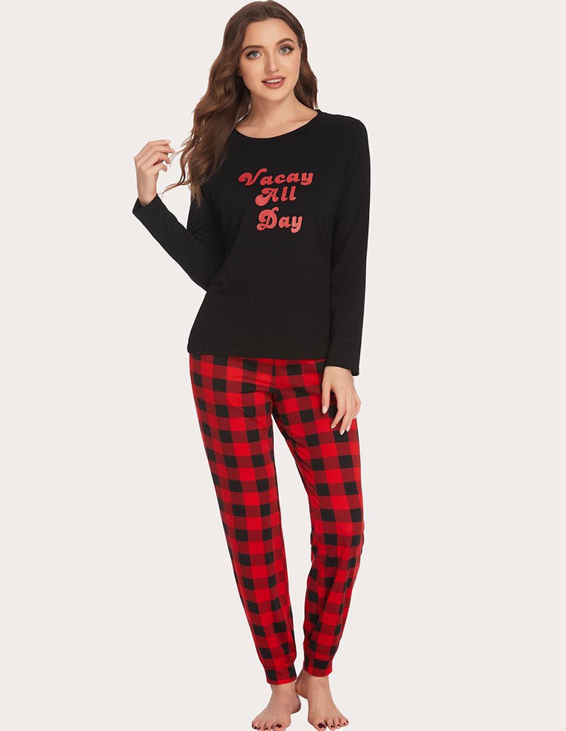 Loungewear-Set, schwarzes Langarmshirt „Vacay All Day“, rote Karohose mit Bündchen