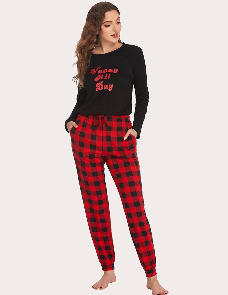 Black long-sleeve lounge top with “Vacay All Day” print and red plaid pants set