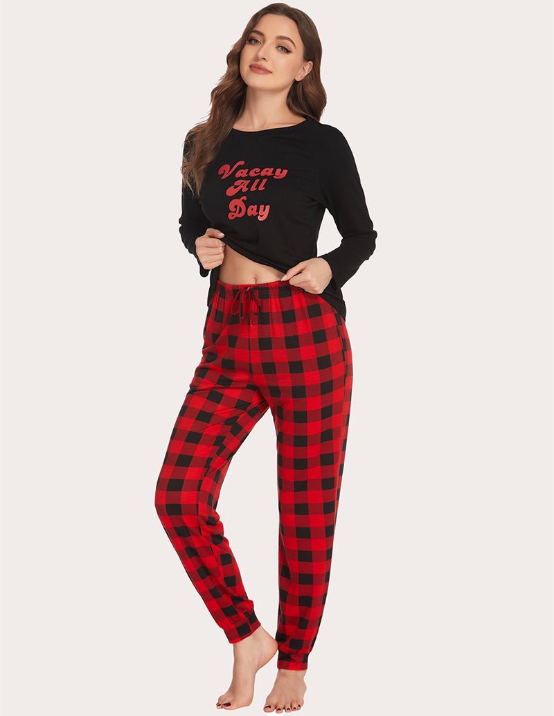 Black “Vacay All Day” lounge top with red buffalo plaid long pants set