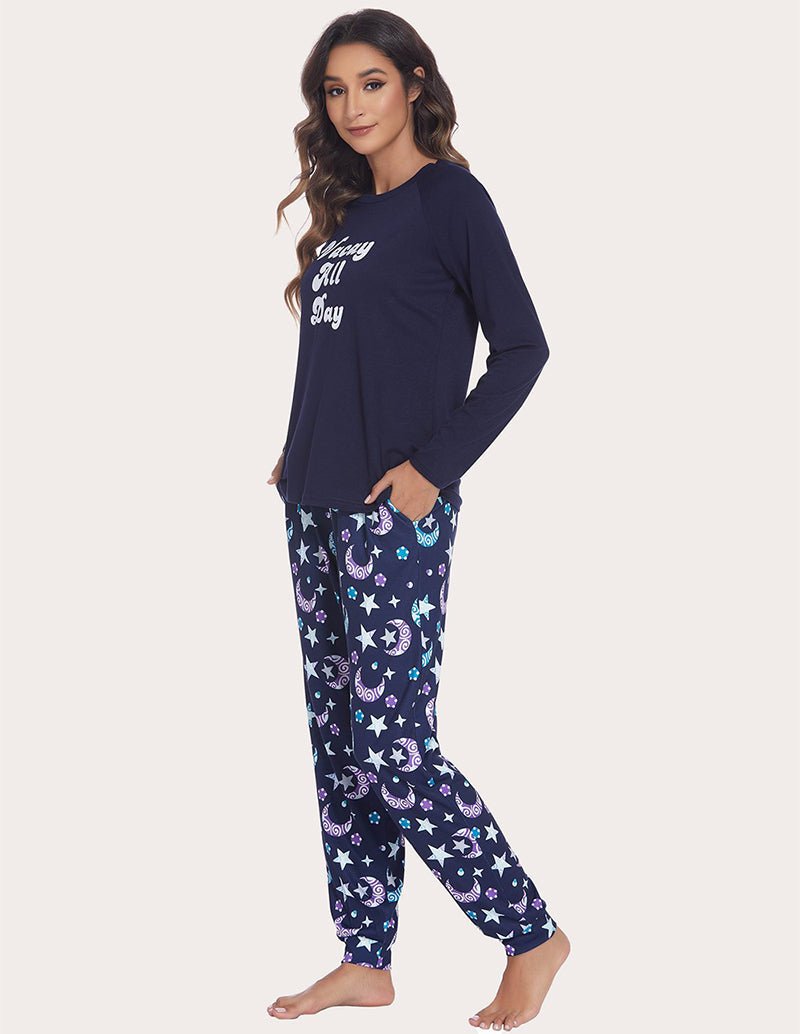 Navy lounge top with “Vacay All Day” graphic and starry long pants set