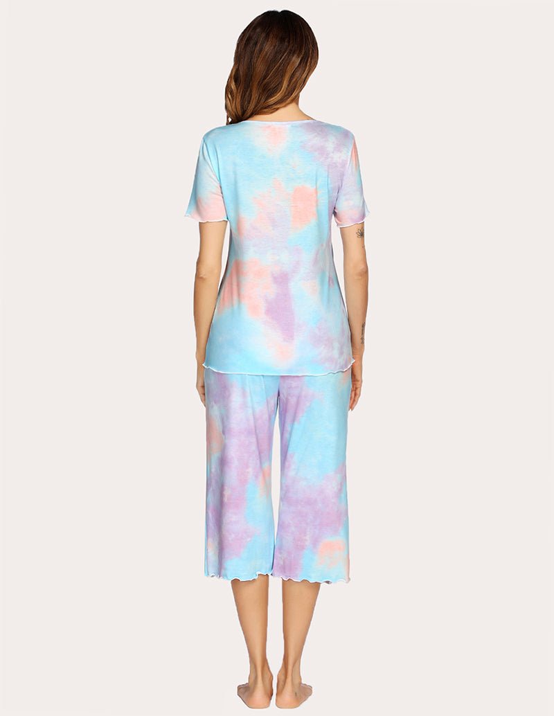 Back view of pajama set with T-shirt and capri pants, pastel tie-dye pattern