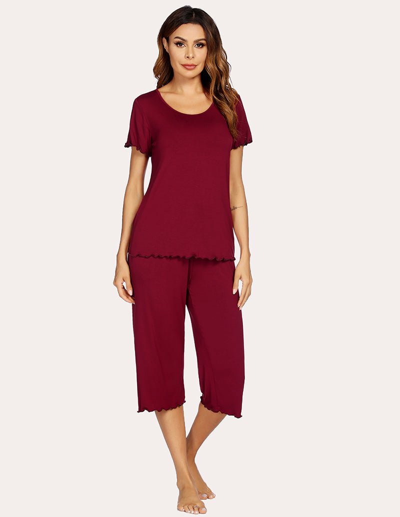 Wine red pajama set with short-sleeve top and cropped wide-leg pants, front view.