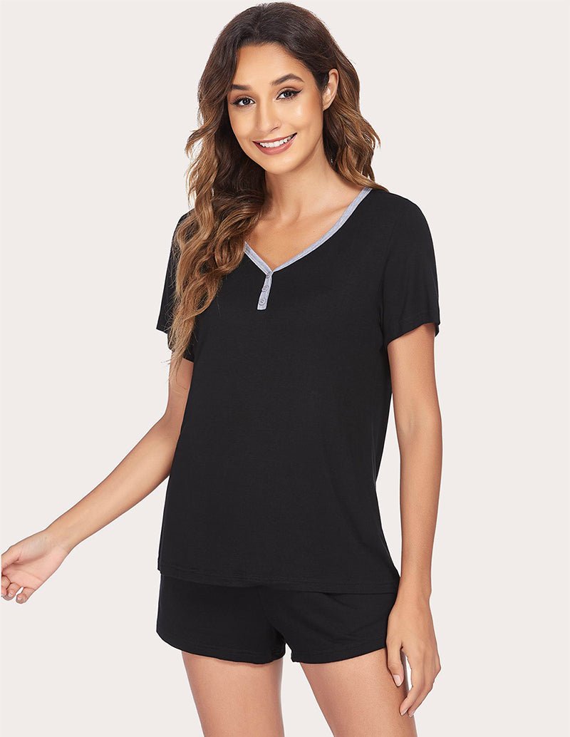 Black V-neck short-sleeve pajama top with contrast trim and matching shorts