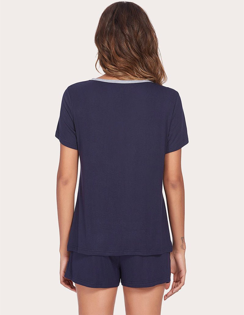 Navy blue V-neck pajama top and drawstring shorts, back view