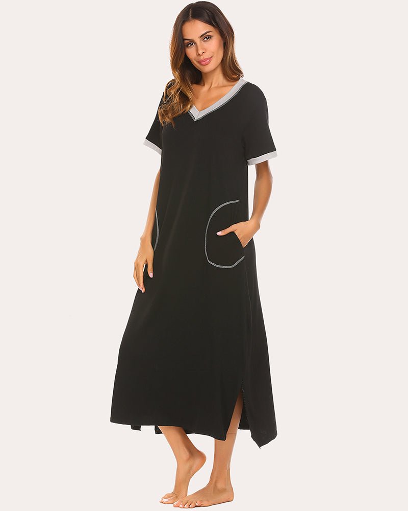 Black long nightgown with contrast V-neck and side pocket, short sleeves