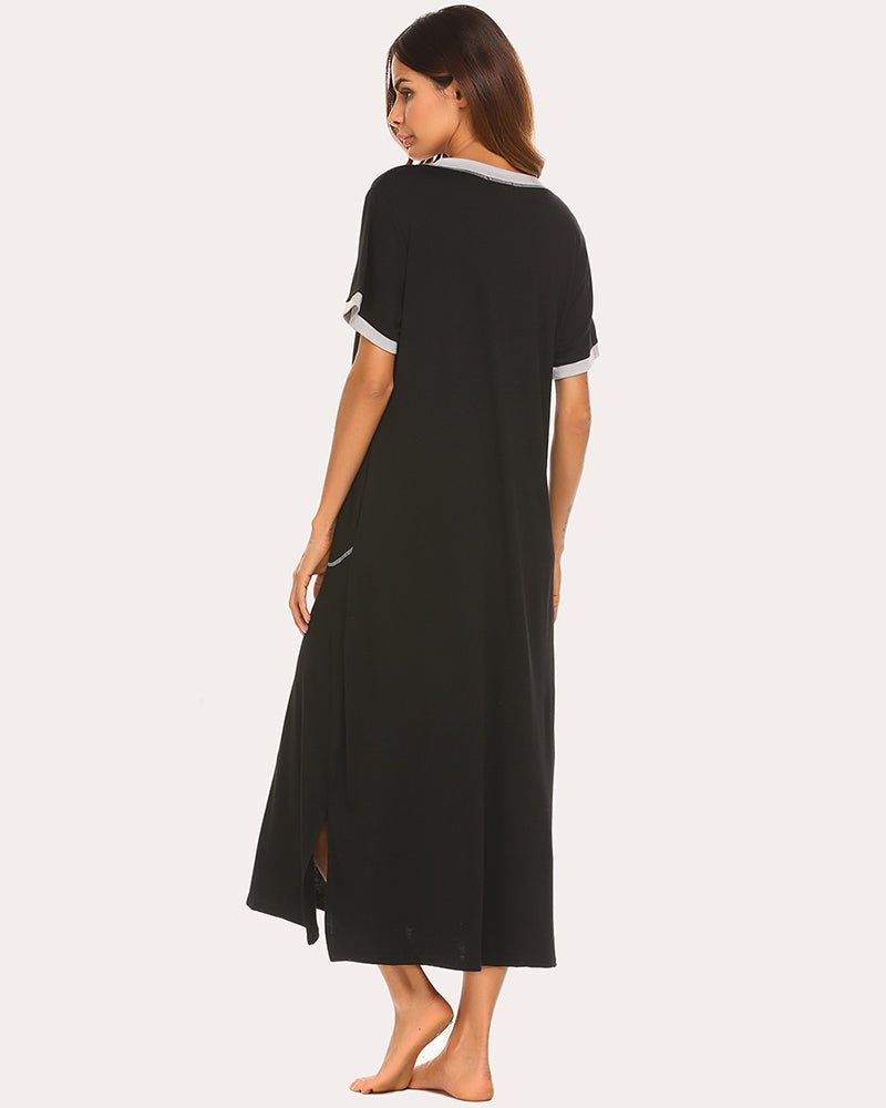 Black long nightgown, V-neck with contrast cuffs, back view