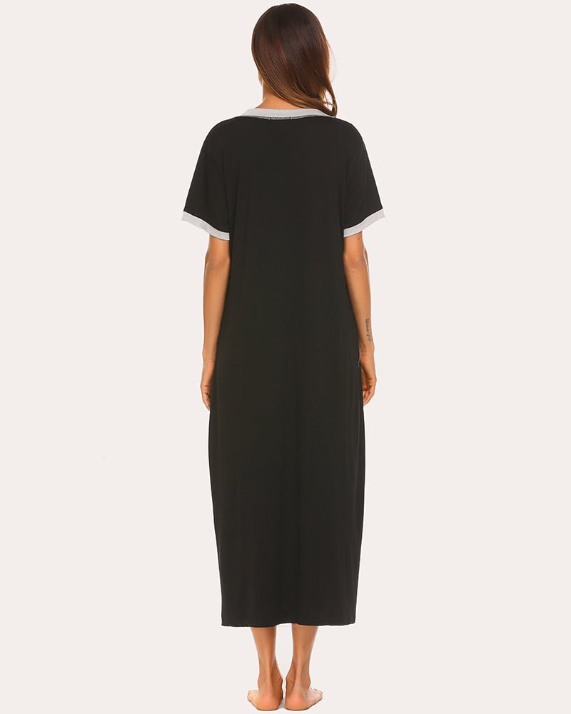 Black long nightgown back view, short sleeves and slit hem