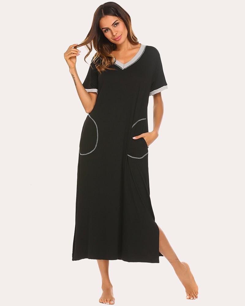 Black long nightgown with contrast trim and side pocket, front view