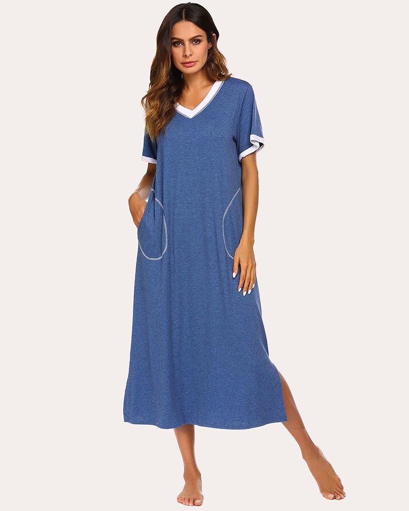 Blue long nightgown with contrast V-neck, short sleeves, side pocket