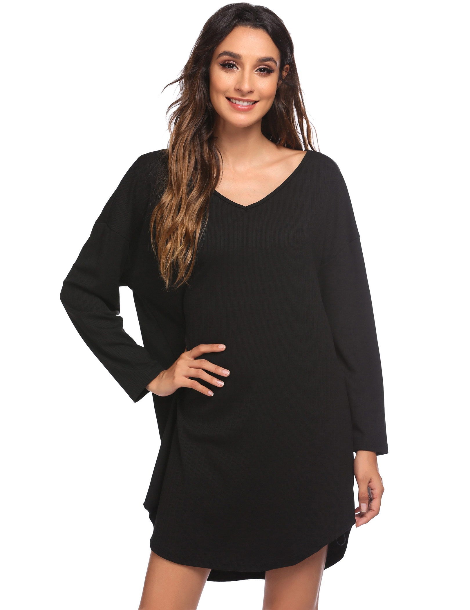 Black V-neck long-sleeve nightgown with loose drape and above-knee hem.