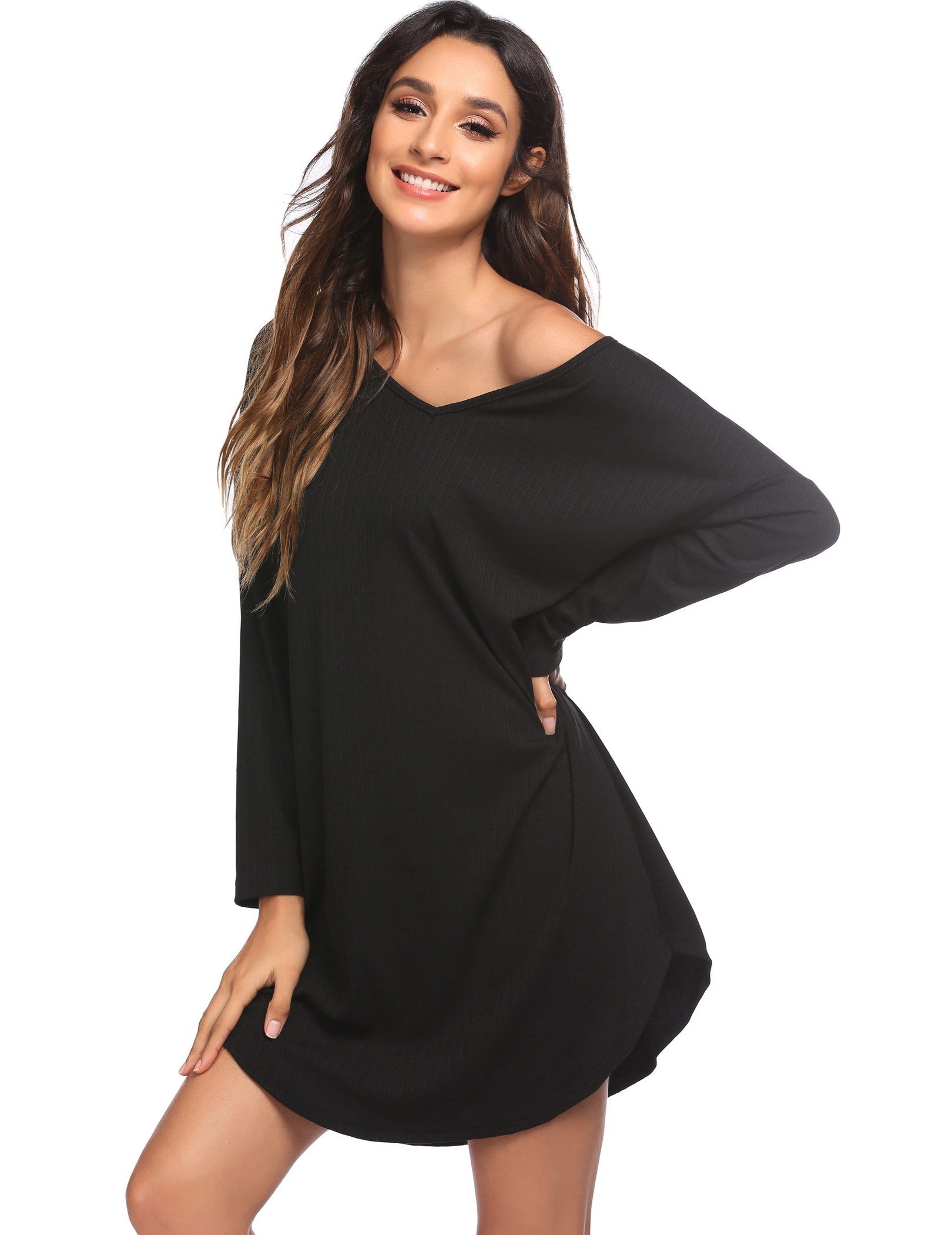 Black V-neck long sleeve nightgown with relaxed fit and curved hem, side view