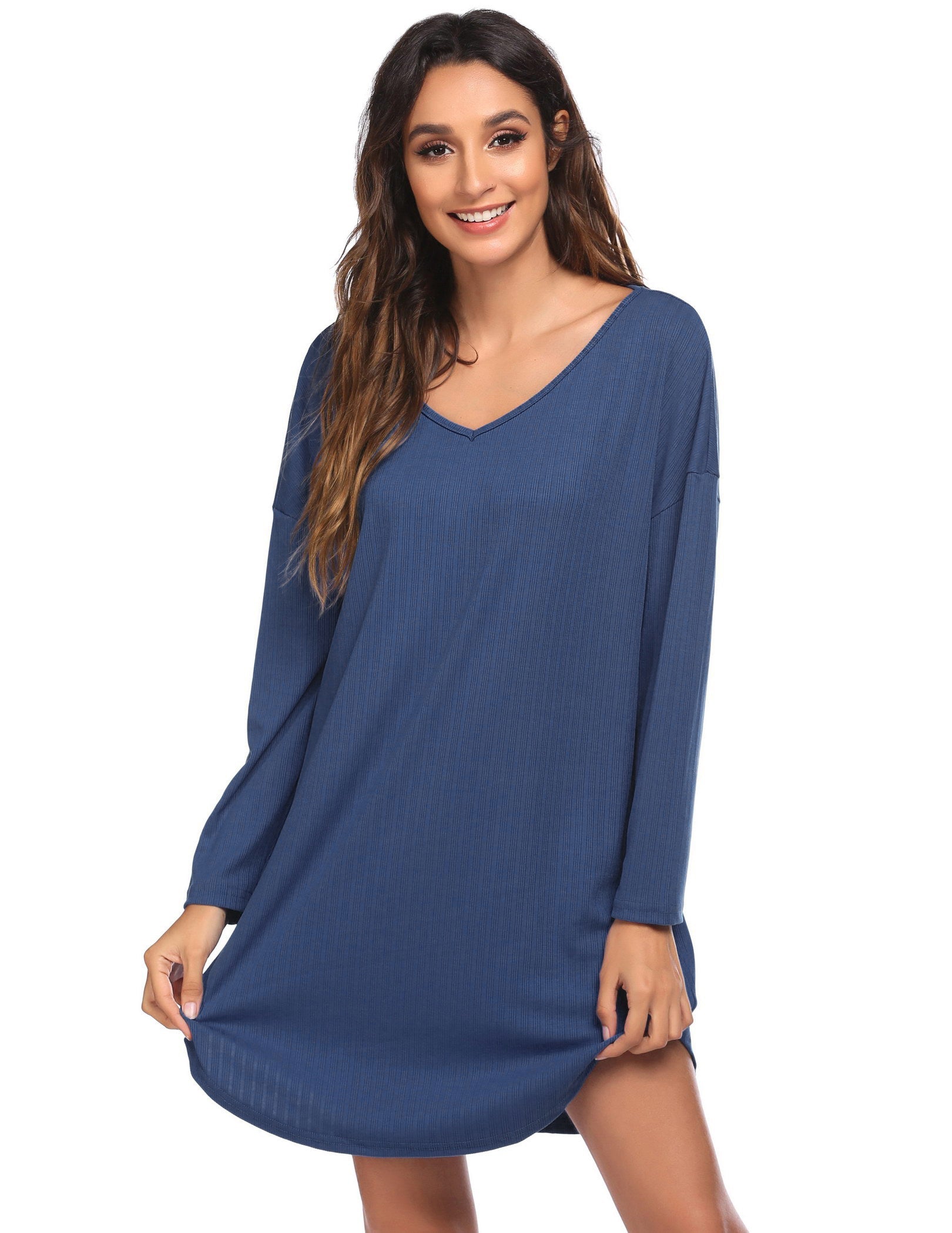 Navy blue V-neck long-sleeve nightgown with relaxed fit and curved hem.
