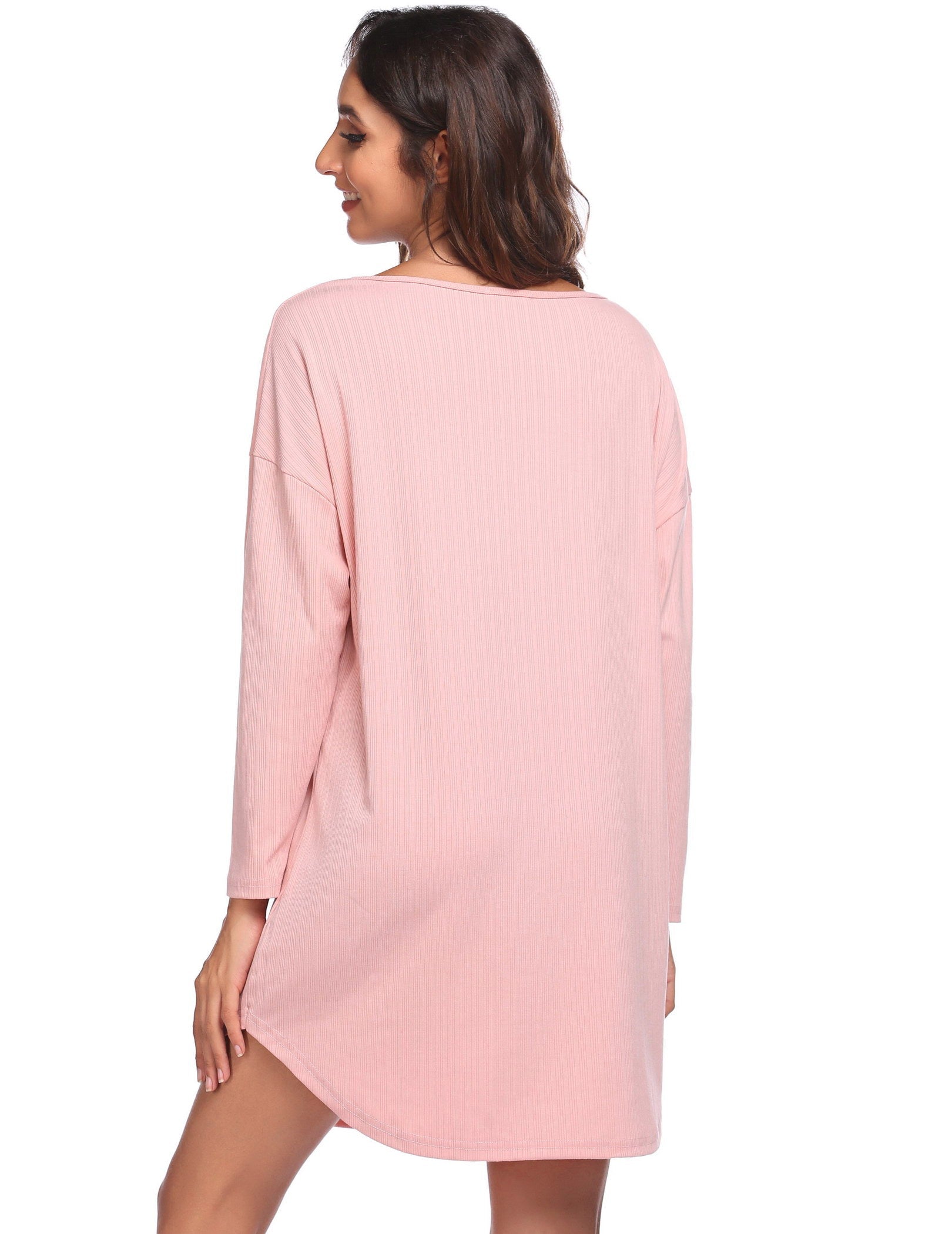 Pink V-neck long-sleeve nightgown shown from the back with full-length sleeves.