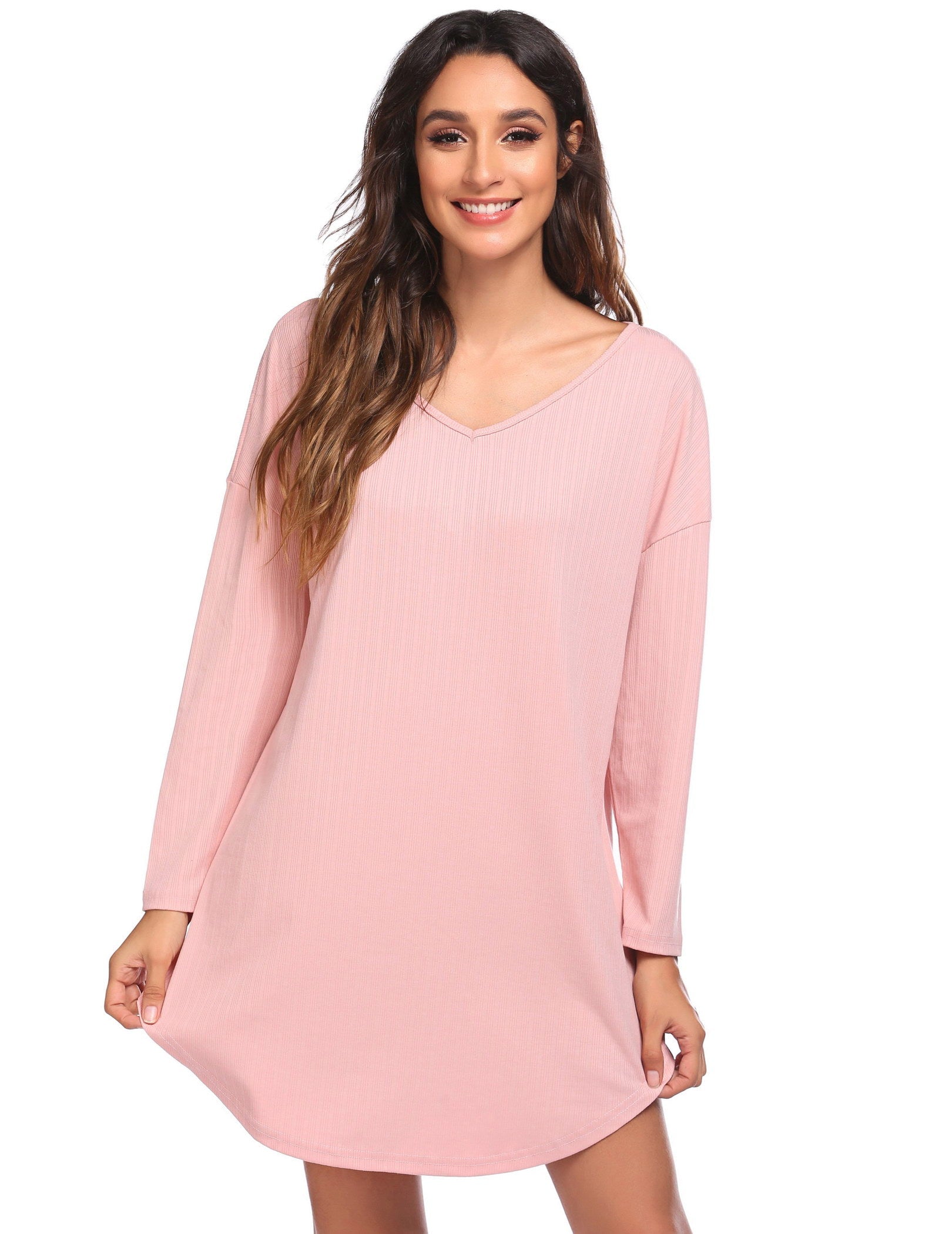 Pink V-neck long-sleeve nightgown, above-knee length with loose drape.