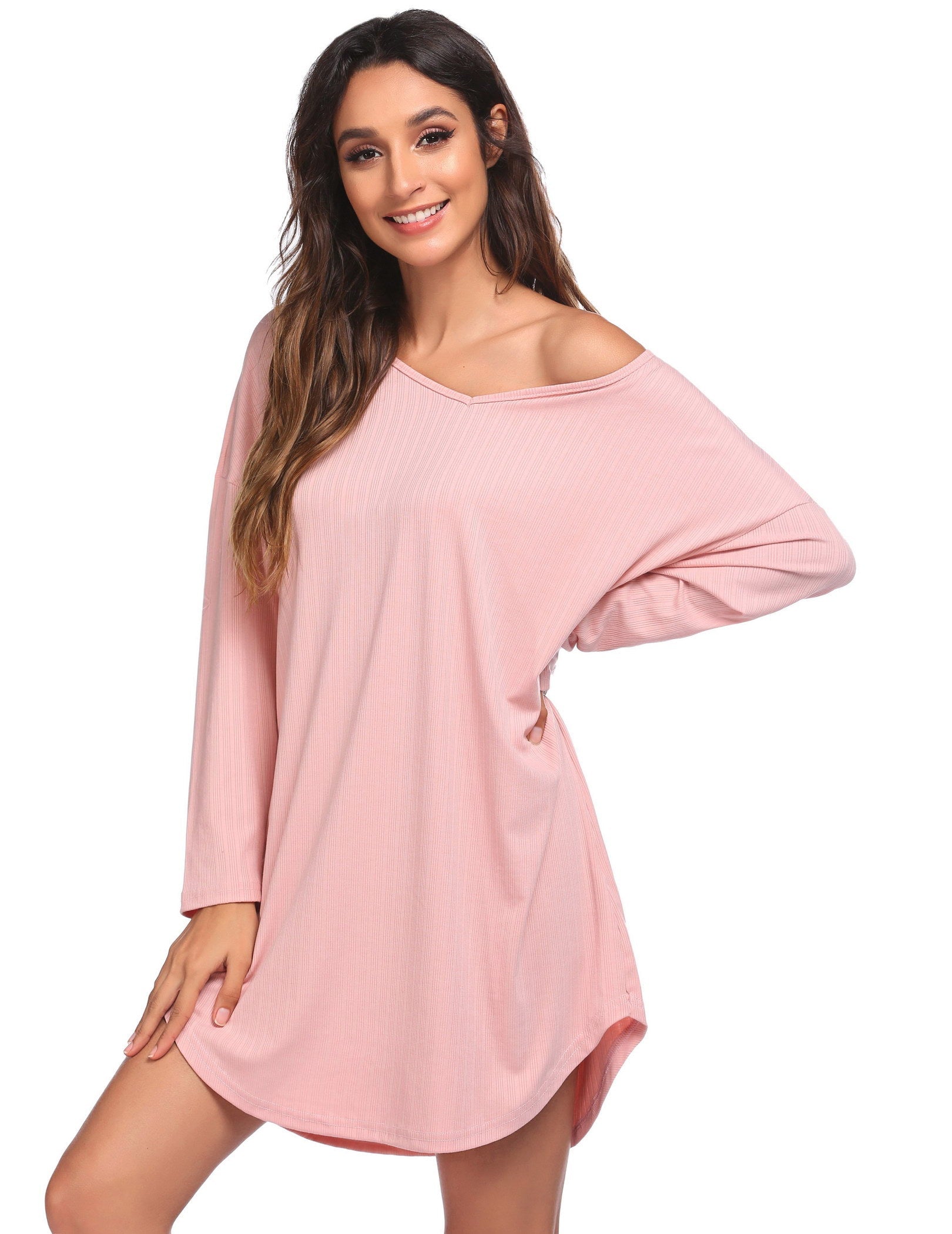 Pink V-neck long-sleeve nightgown with slanted hem and relaxed shoulder line.