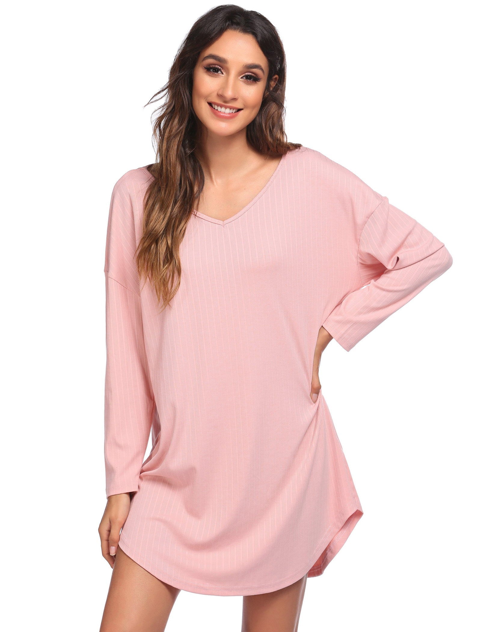 Pink V-neck long-sleeve nightgown with relaxed fit and curved hem.