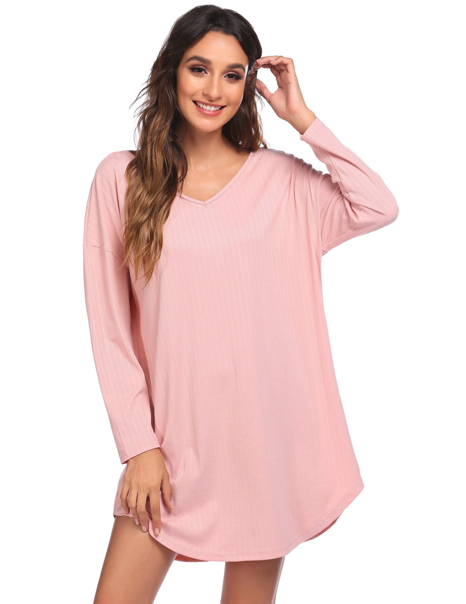 Pink V-neck long-sleeve nightgown with soft drape and side-slit hem.