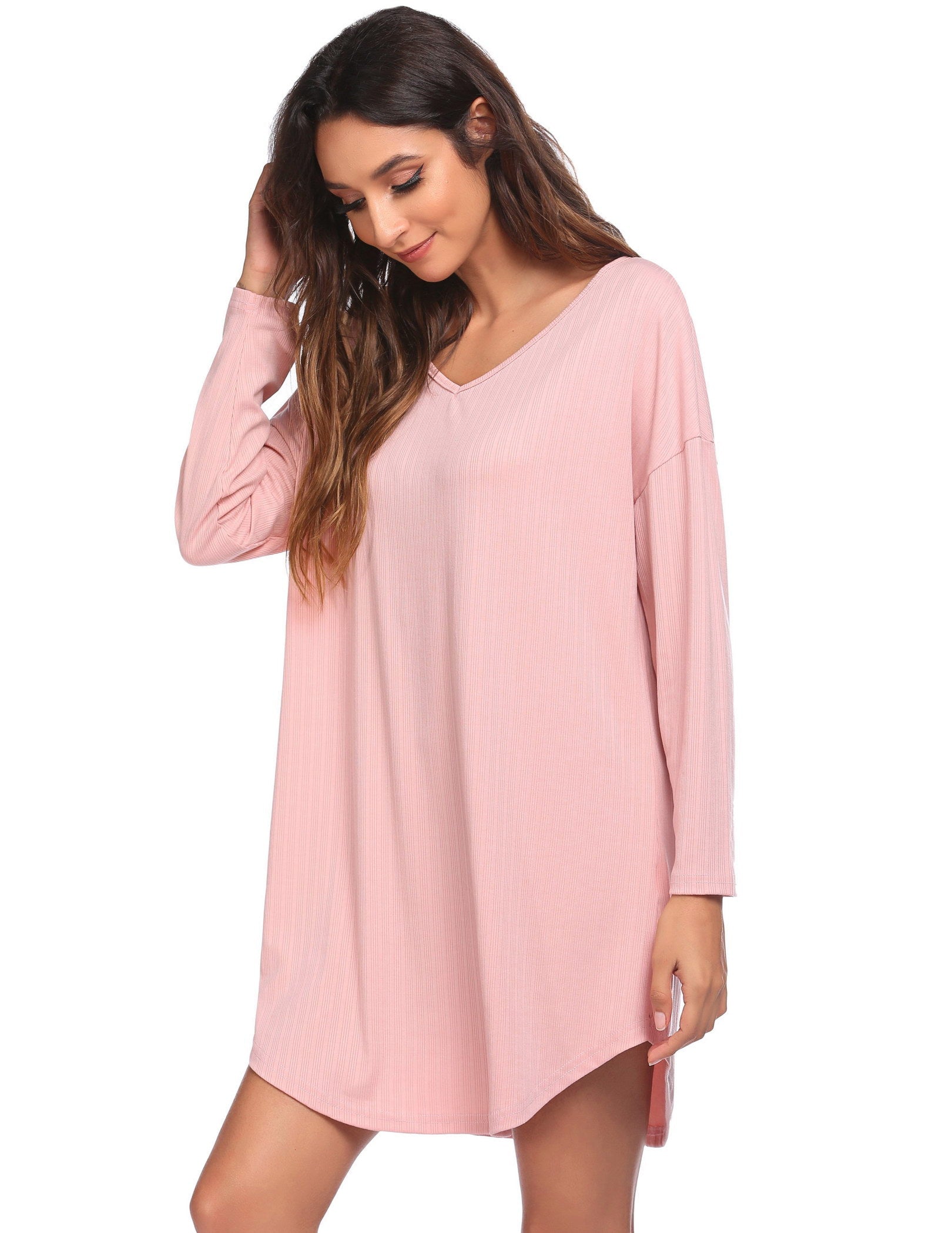 Pink V-neck long-sleeve nightgown with straight tunic cut and short hemline.