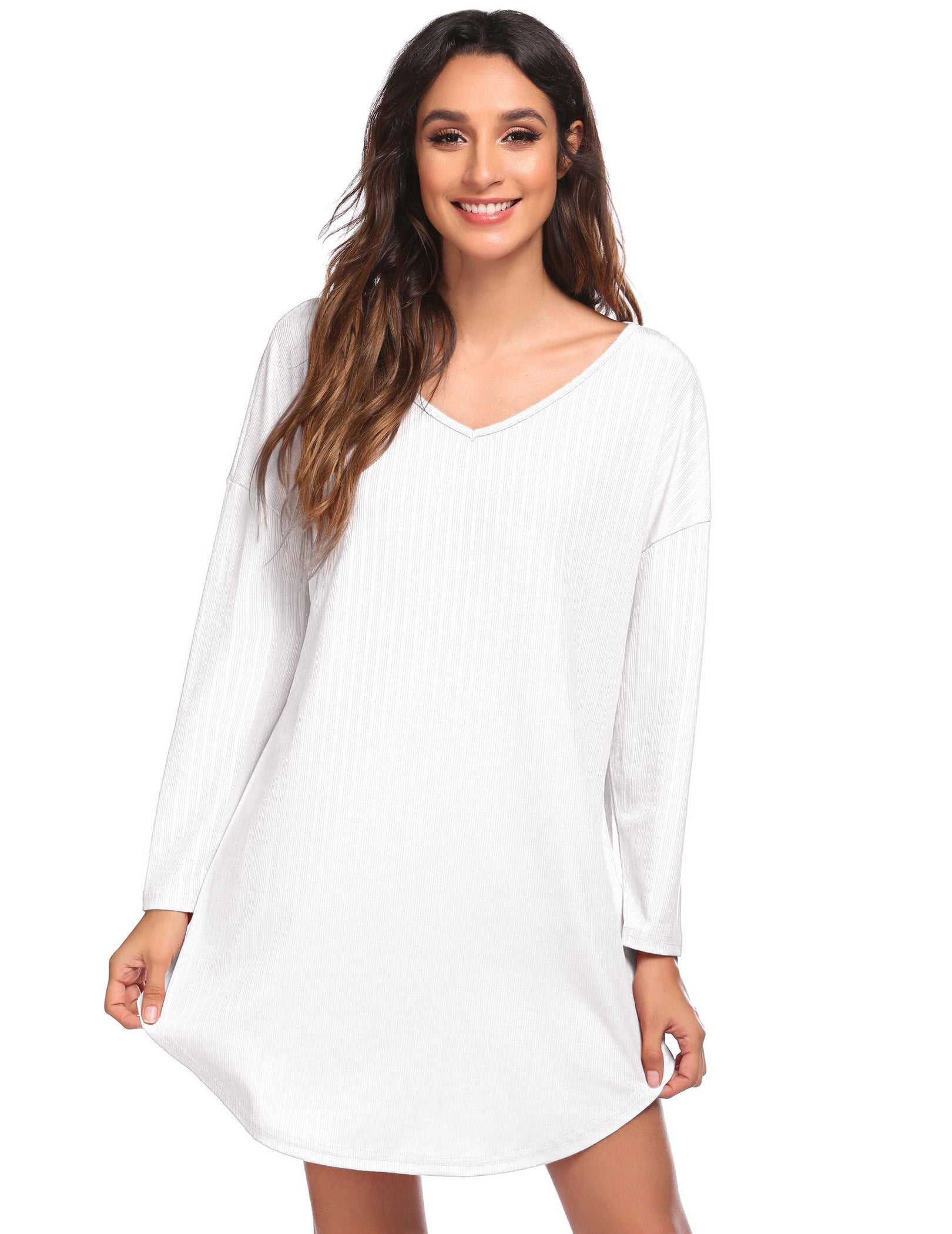 White V-neck long sleeve nightgown with relaxed fit and curved hem, front view