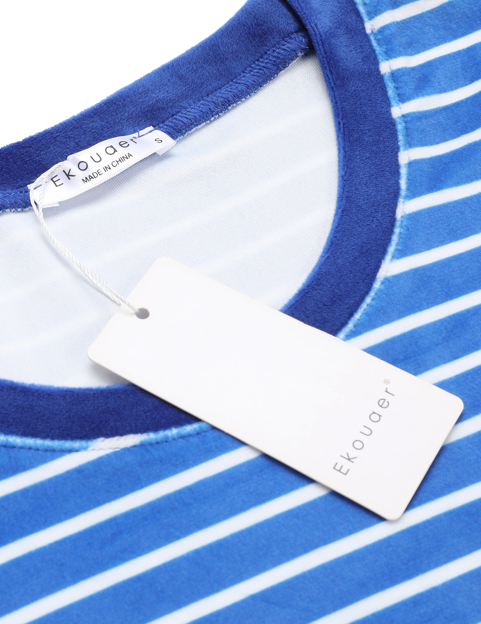 Ekouaer velour pajama set tag on blue-and-white striped long-sleeve neckline