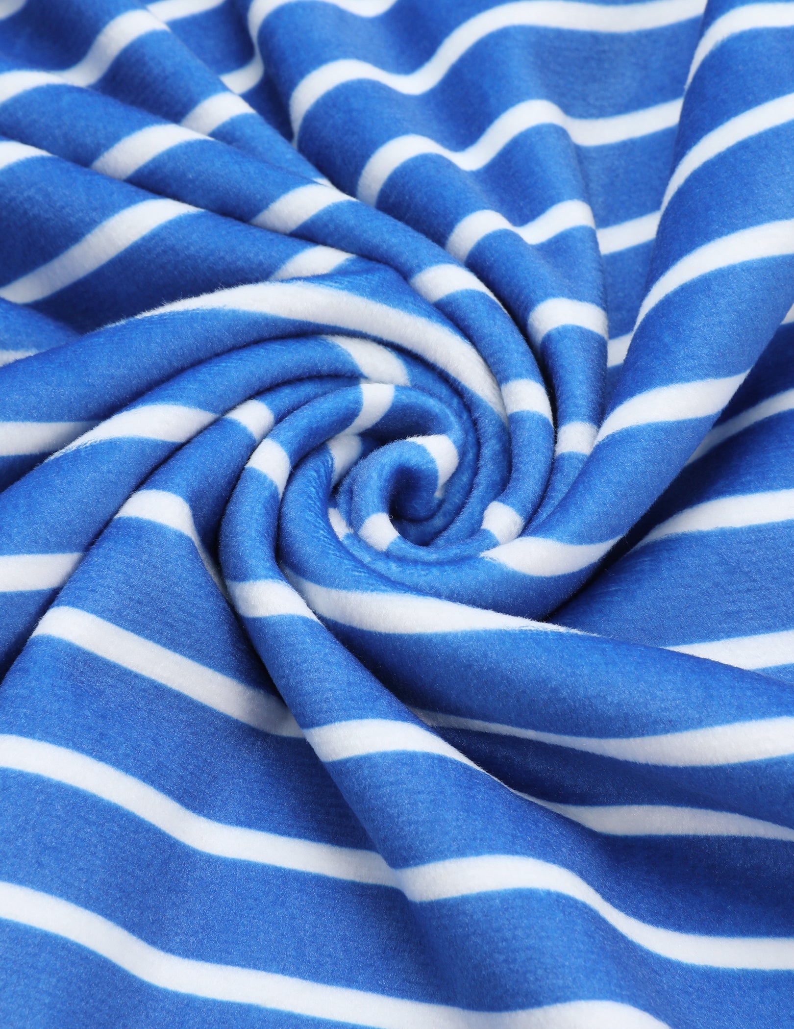 Rolled velour pajama fabric with blue base and white horizontal stripes