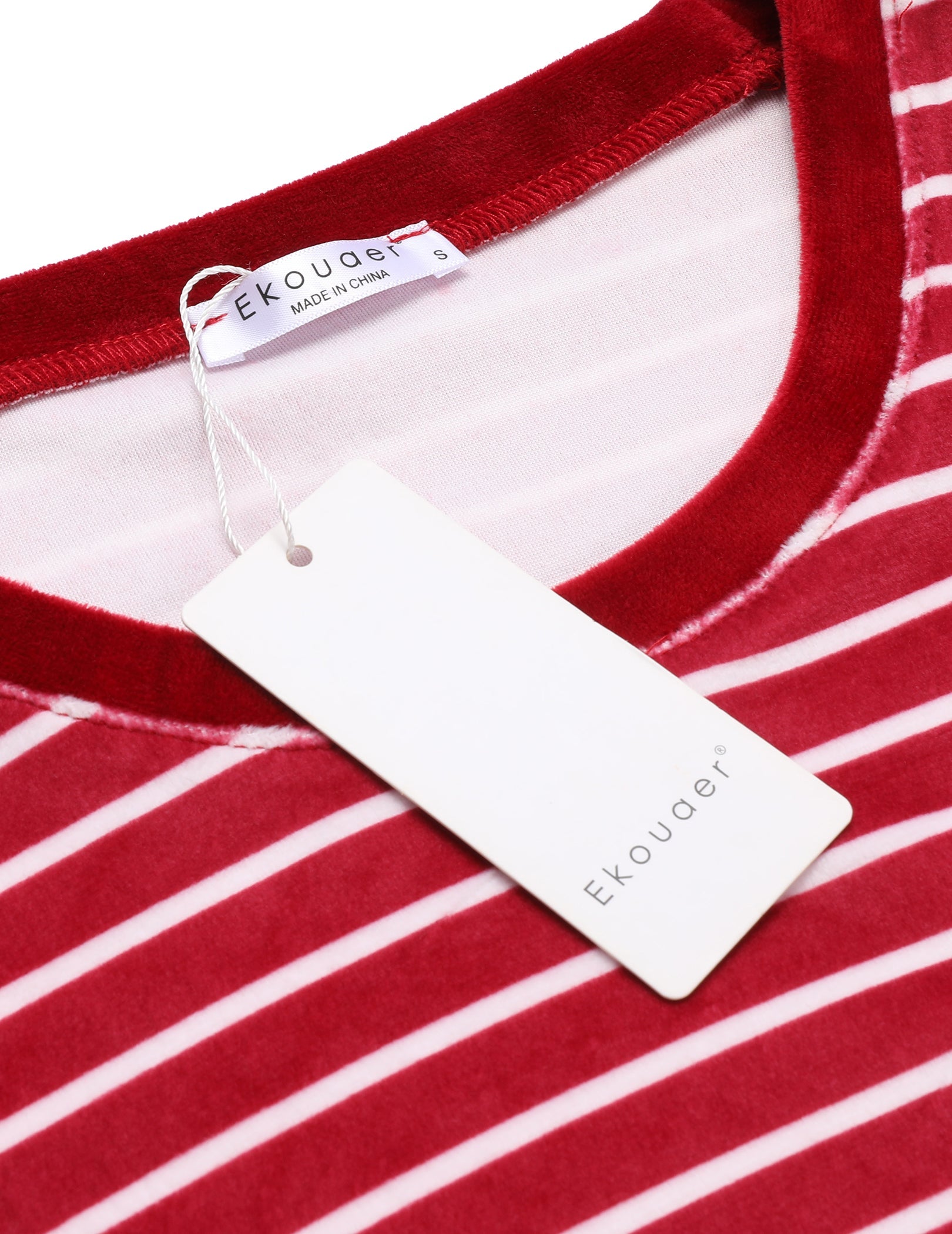 Ekouaer velour pajama fabric close-up: red-and-white stripes with brand hang tag
