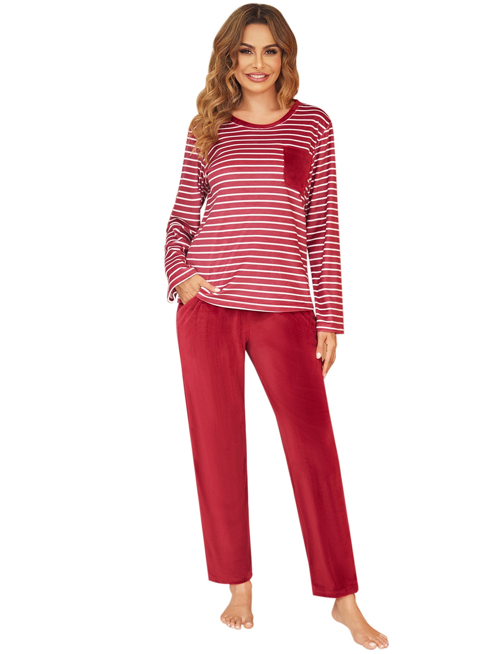 Ekouaer velour pajama set in red with white stripes; long-sleeve top and red pants