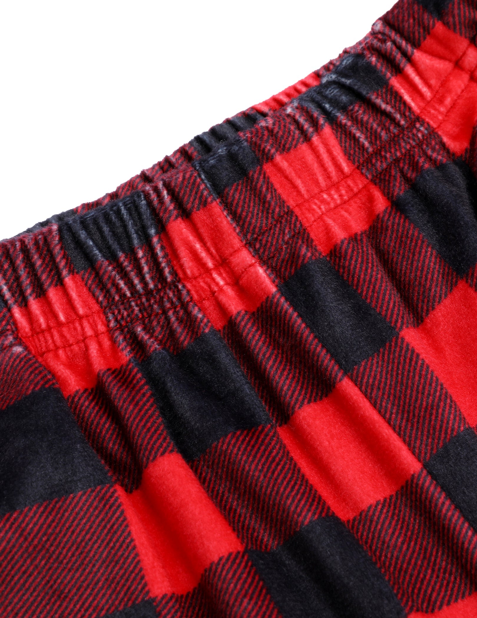 Red and black plaid pajama waistband with elastic ruching