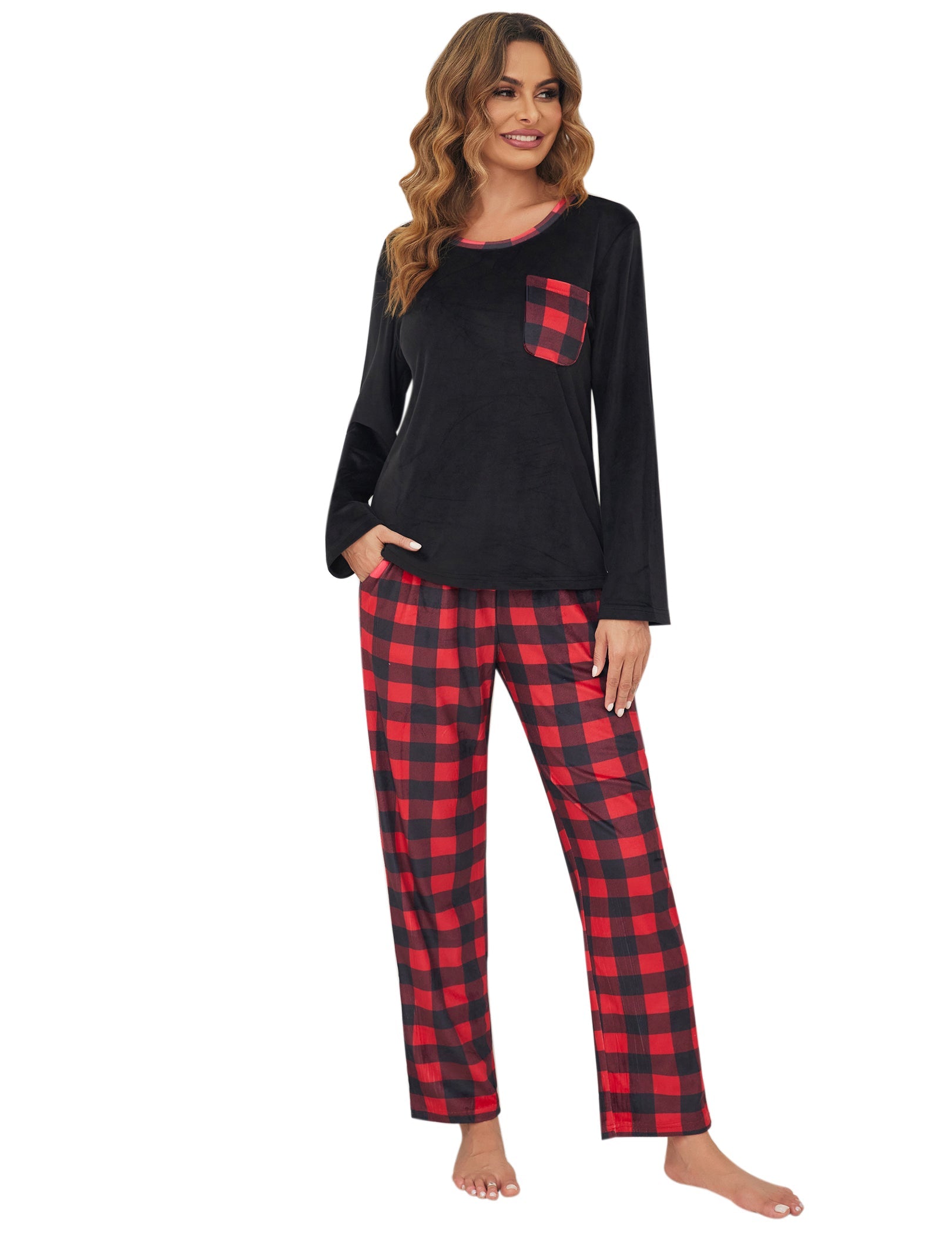 Black velour long-sleeve pajama top with red plaid pants
