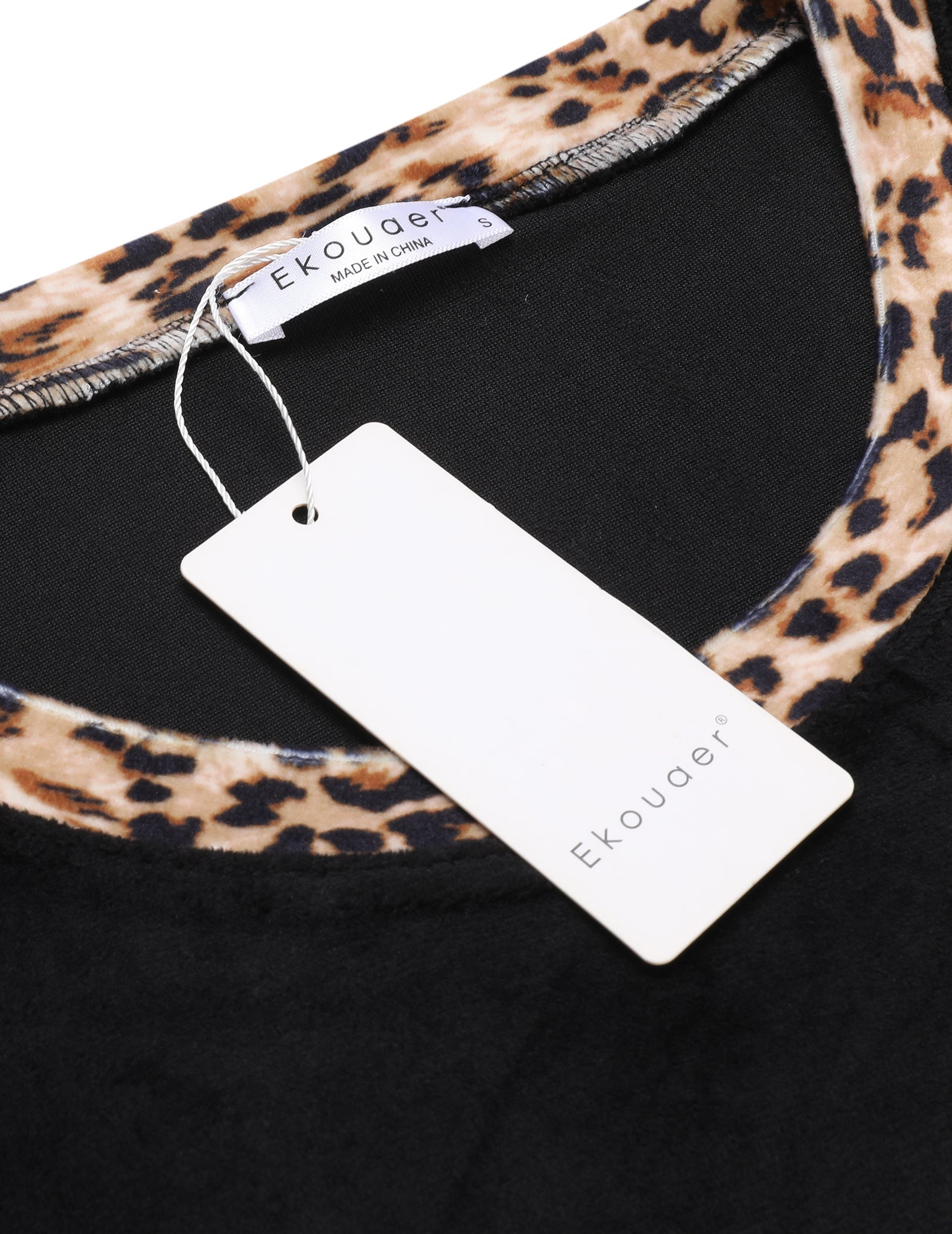 Velour pajama top with black fabric, leopard trim, and EKOUAER neck label
