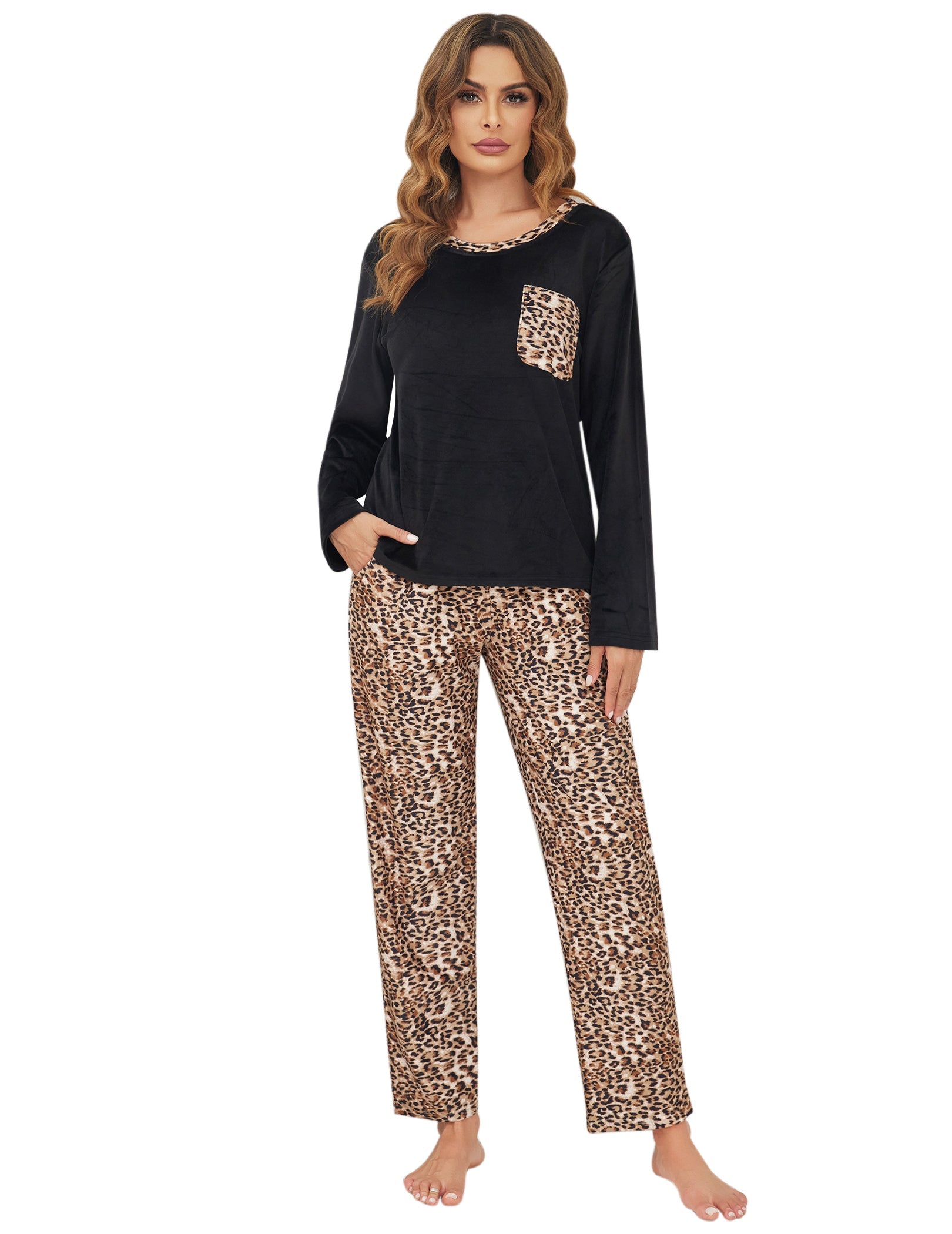 Black velour pajama set with leopard-print pants, long sleeves and chest patch pocket