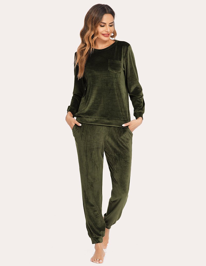 Velour tracksuit set in dark green, long-sleeve top with pocket and tapered jogger legs