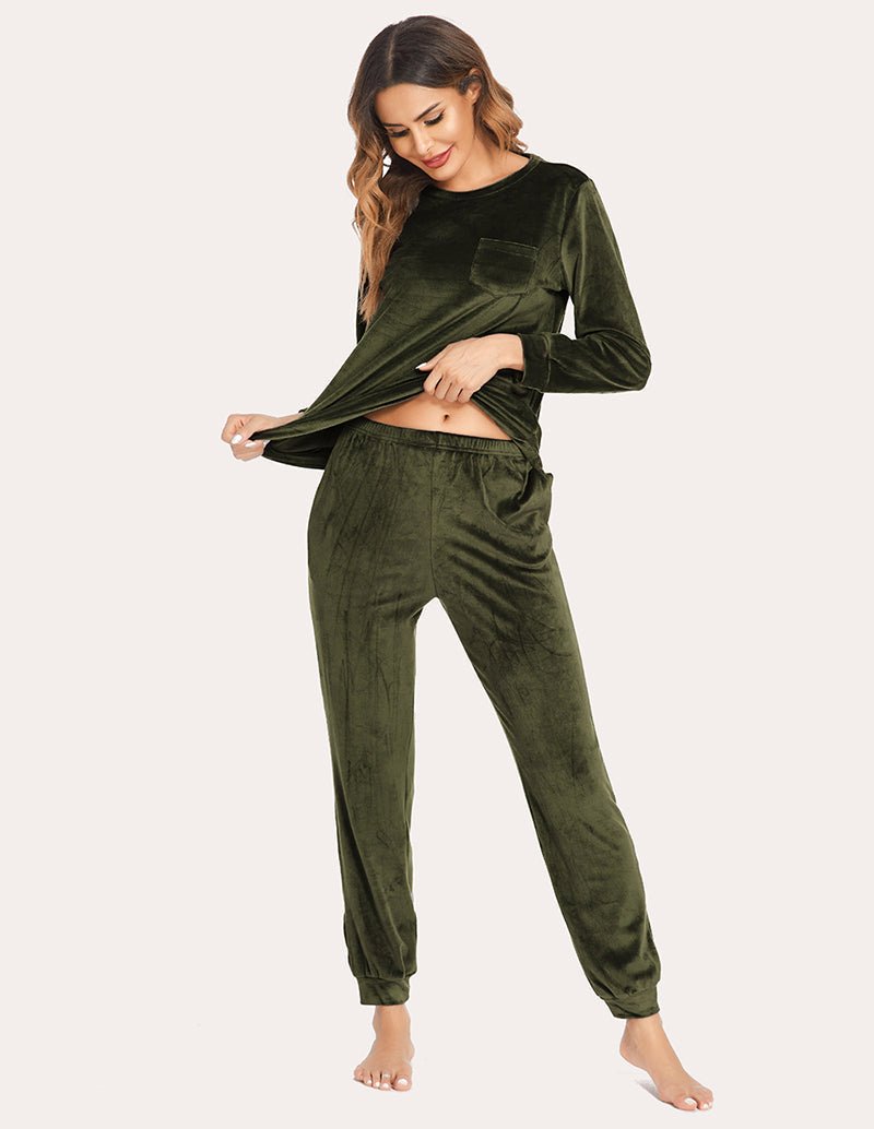 Velour tracksuit set in dark green, long-sleeve top and jogger pants with elastic waist