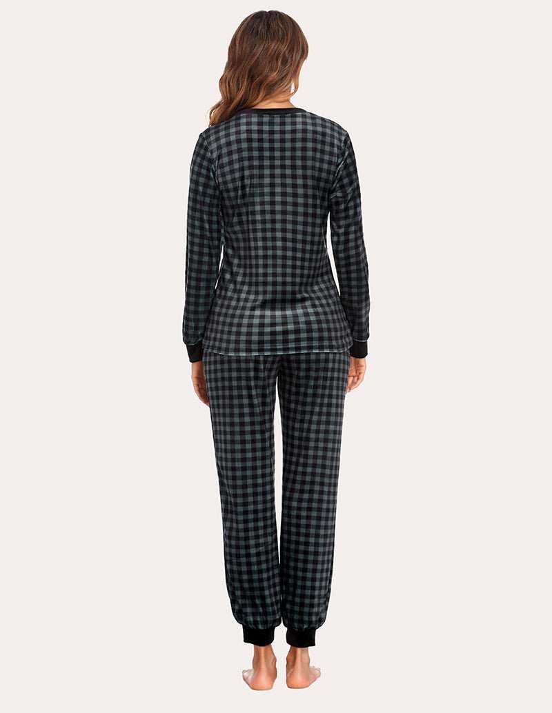 Velvet plaid pajama set, back view in dark green and black; long sleeves and tapered pants