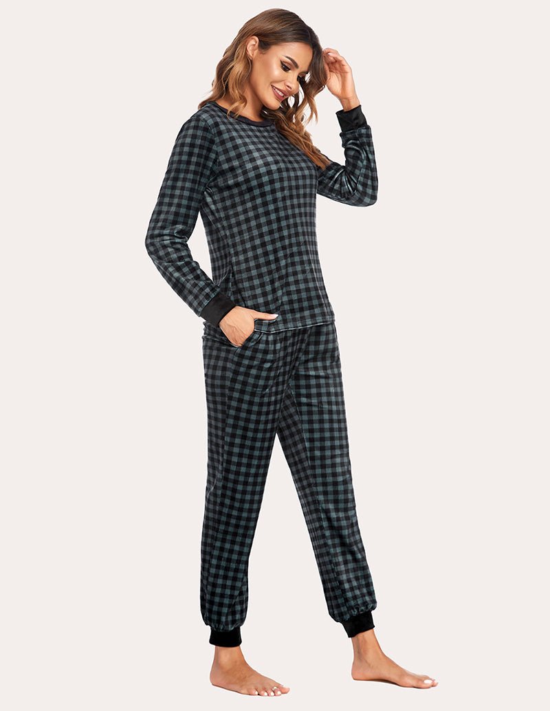 Velvet plaid pajama set in dark green and black plaid; crew top and elastic-waist joggers