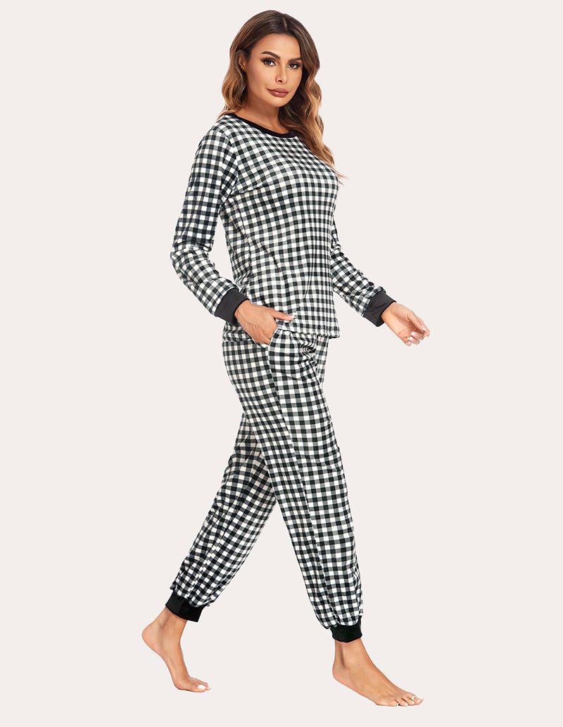 Velvet plaid pajama set, black-and-white check long-sleeve top and ankle jogger pants