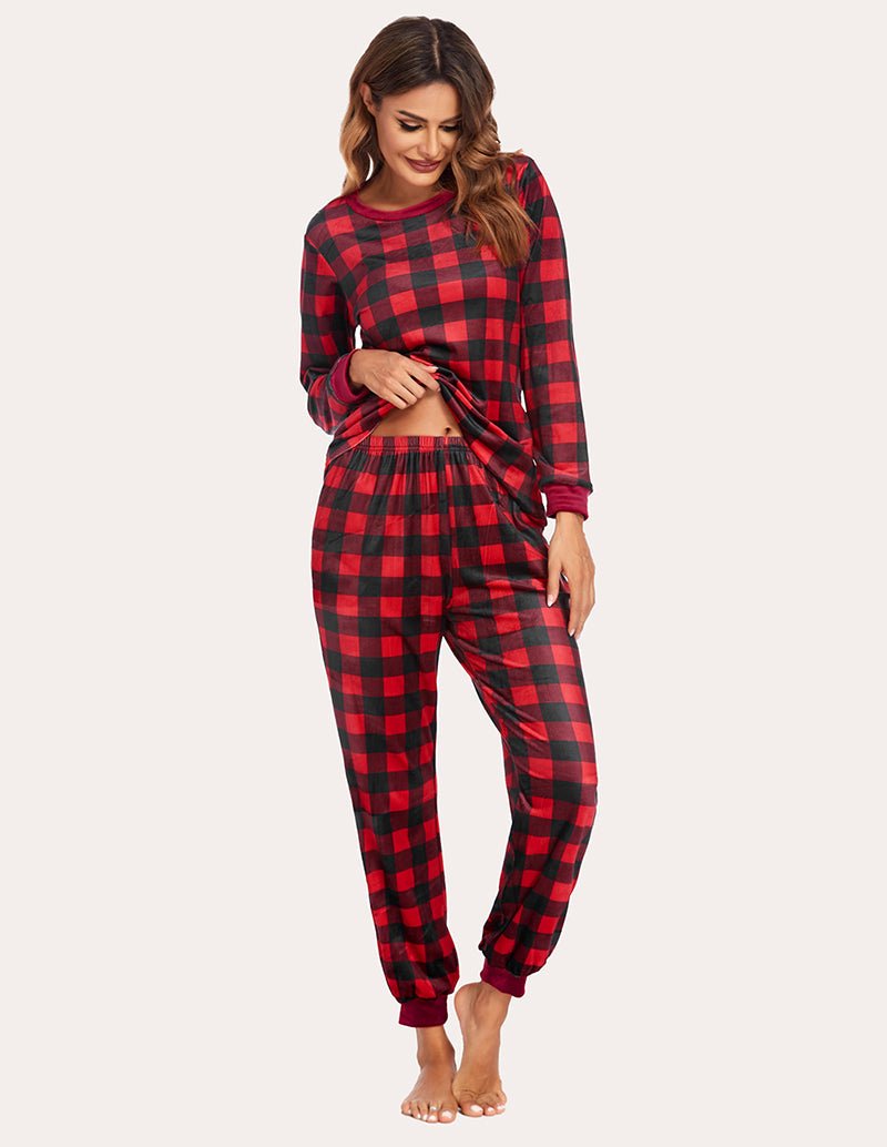 Velvet plaid pajama set in red and black plaid; long-sleeve top with elastic-waist joggers