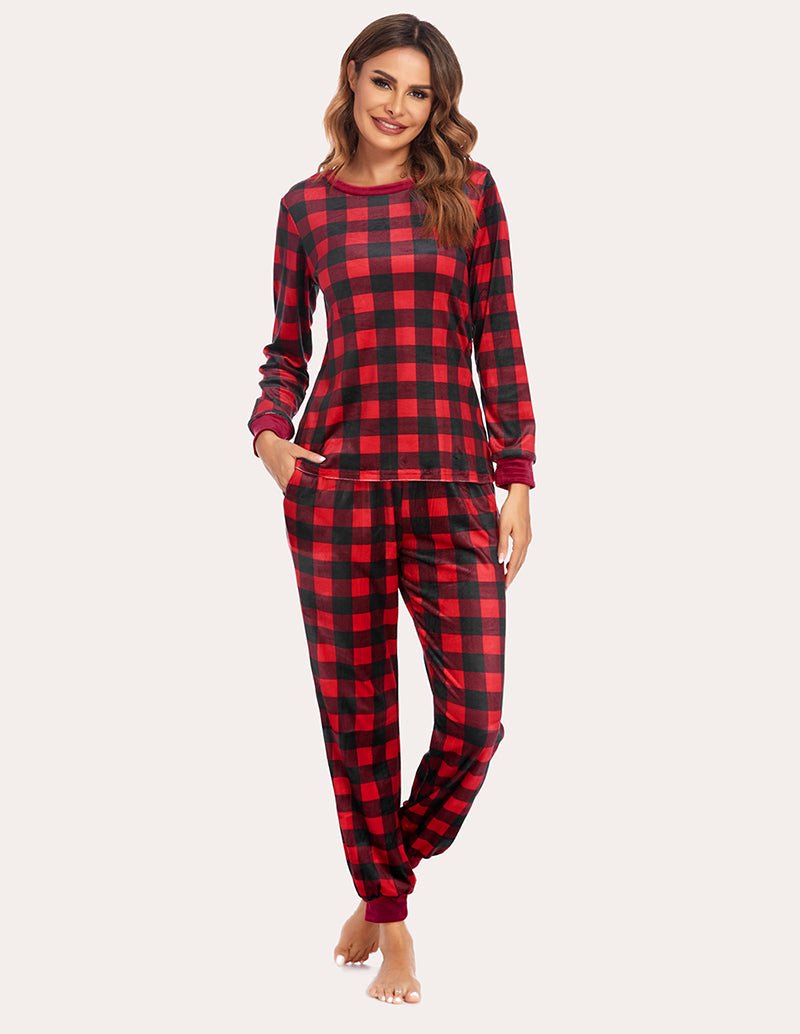 Velvet plaid pajama set in red and black, long-sleeve crew top and cuffed jogger pants