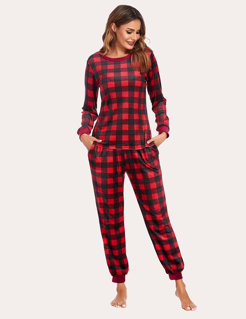 Velvet plaid pajama set in red and black plaid; crew neck top and tapered ankle joggers
