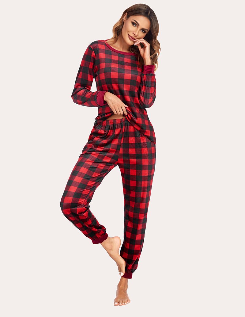 Velvet plaid pajama set in red and black plaid; long sleeves and cuffed jogger legs