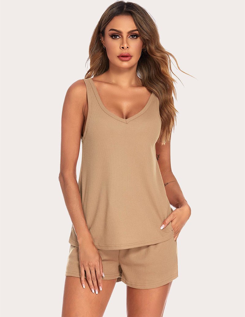 Khaki waffle cami pajama set with V-neck tank and matching drawstring shorts