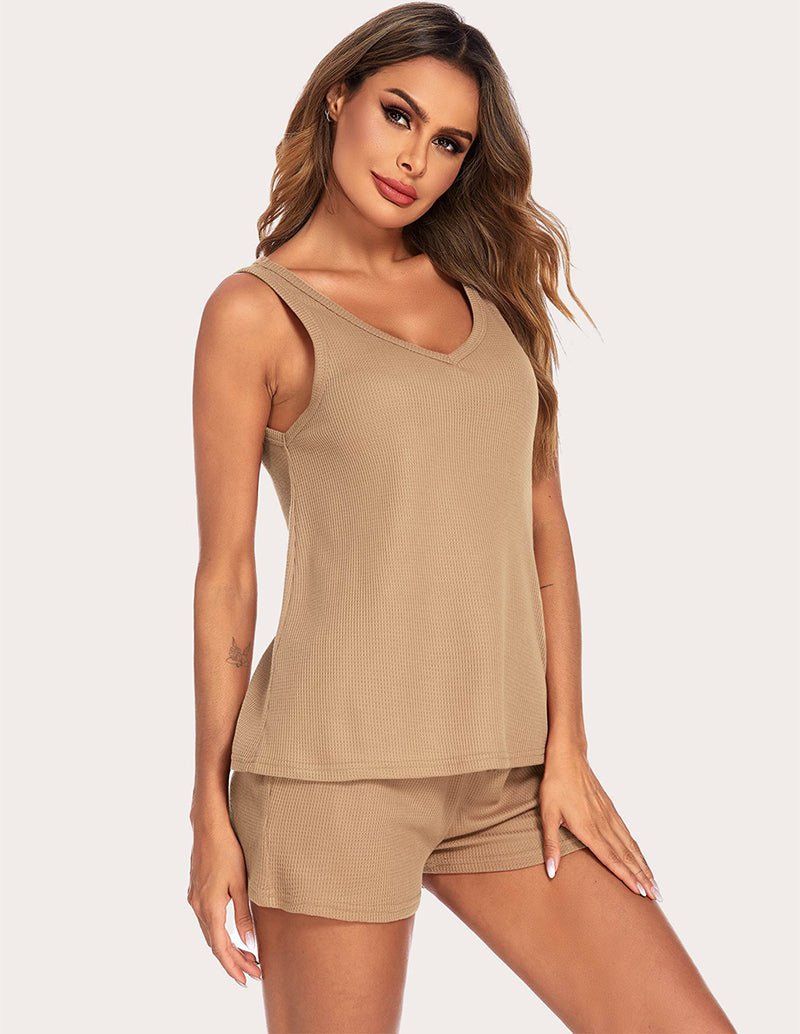 Khaki waffle cami pajama set, V-neck tank with matching drawstring shorts