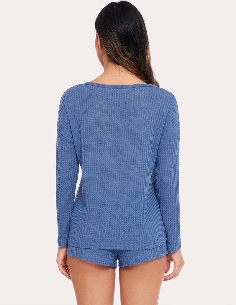 Blue waffle-knit pajama set, long-sleeve top and drawstring shorts (back view)