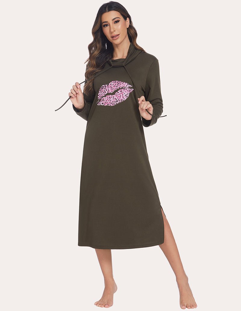 Warm high-neck sleep dress in olive green, front view, hood with drawstring, pink chest graphic