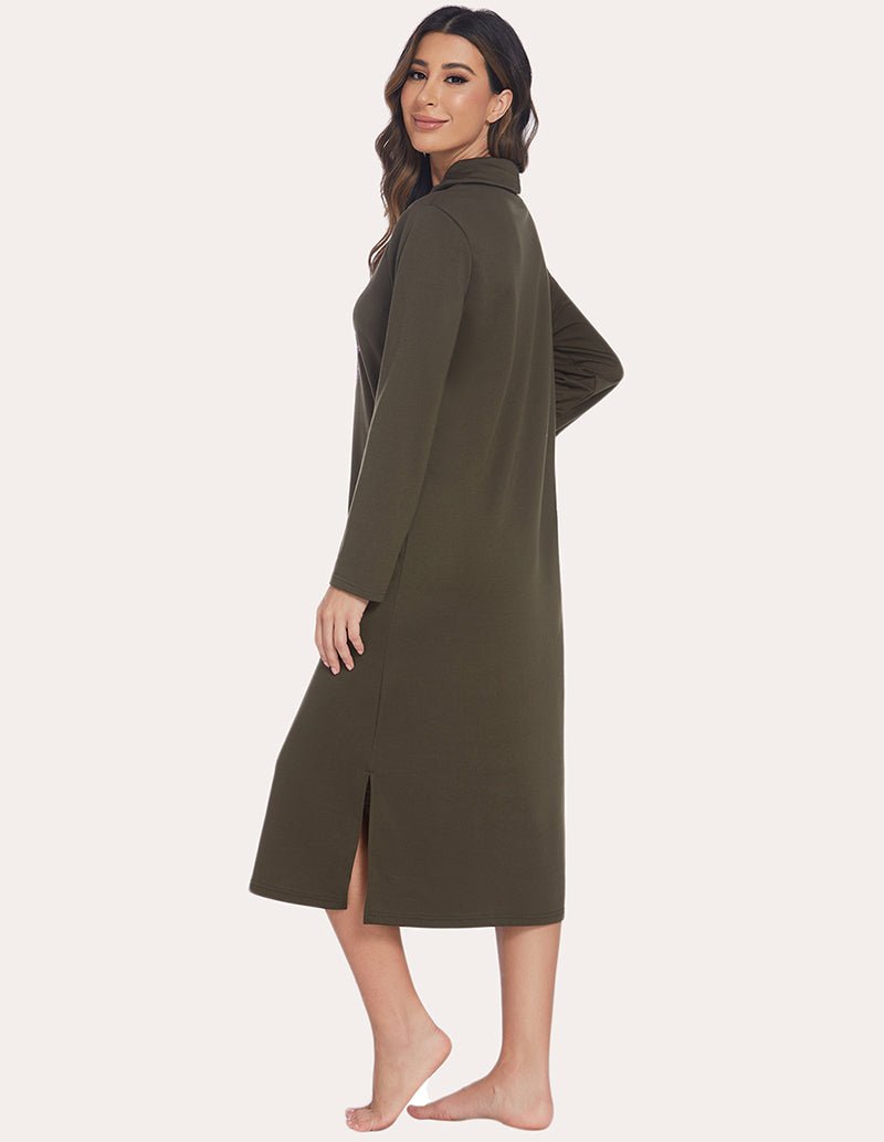 Army green sleep dress, side view, high neck hood, long sleeves, pink lips graphic