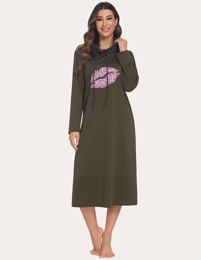 Army green warm sleep dress, high neck hooded, long sleeves, pink lips graphic