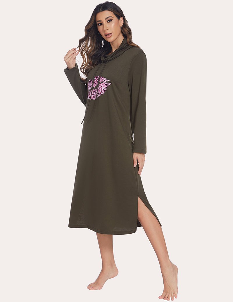Warm high-neck sleep dress in olive green, 3/4 view, side slit hem, hood and drawstring