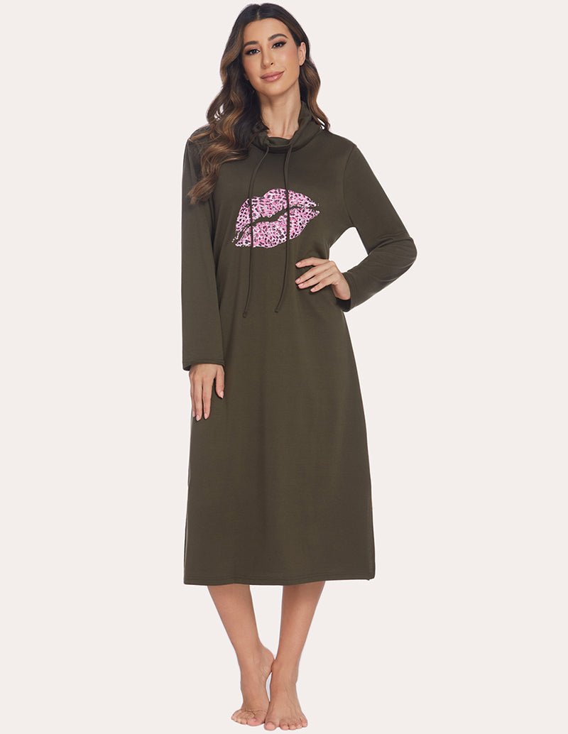 Warm high-neck sleep dress in olive green, front view, hood with drawstring, long sleeves